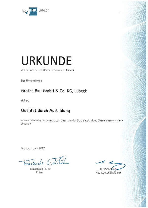 Grothebau ist anerkannter Ausbildungsbetrieb bei der IHK